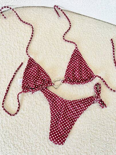 Women's Sexy & Fashionable Youthful Minimalist 2-Piece Romantic Beach Vacation Party Swimwear Set, Red Polka Dot Print With Gold Accents, Halter Neck Tie, Spring/Summer New Arrival