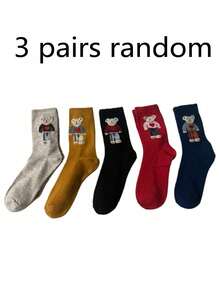 3 pares de calcetines de media caña con oso aleatorio, calcetines largos gruesos de dibujos animados dulces, calcetines holgados de estilo japonés - Multicolor - Ver 7