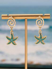 1 par de pendientes colgantes con forma de gota geométrica y estrella de mar de metal para mujeres - Amarillo dorado + azul - Ver 1