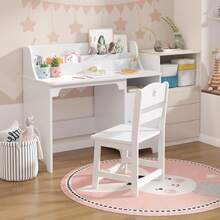 Conjunto de escritorio y silla para niños con armario, armario de almacenamiento, mesa de estudio de madera y estación de trabajo para computadora para dormitorio infantil. - Blanco - Ver 5