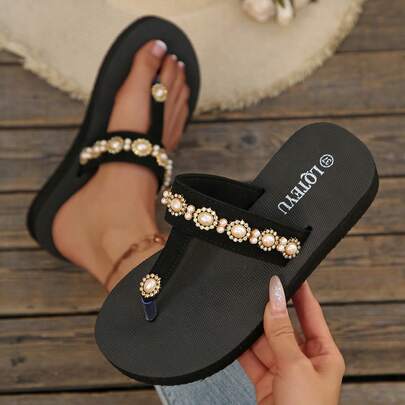 2026 New Pearl Decor Flip Flops, Thick Soft Bottom Sandals, Summer Beach Shoes For Women