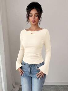 Women's Spring Fall Long Sleeve Shirts Crop Going Out Tops Casual Boat Neck Bell Sleeve Ribbed Ruched Y2K Clothes New Years Valentine's Day Vacation  Long Sleeve Tops Women - 米色 - 查看 8