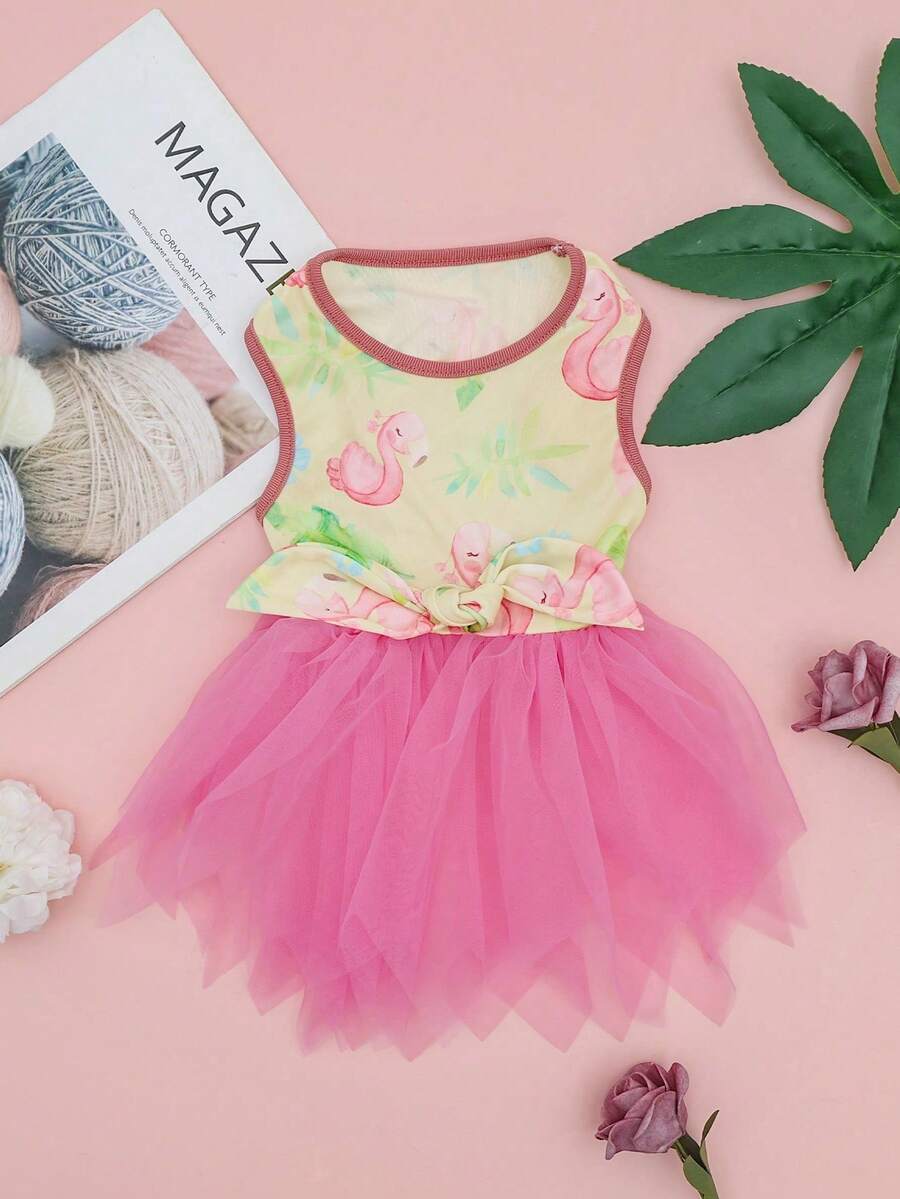 1件火烈鸟印花宠物连衣裙 | 甜美粉色宠物蓬蓬裙 | 无袖设计 + 网纱裙摆 | 适合小型/中型犬猫的春夏装，特价优惠 - 彩色 - 查看 1