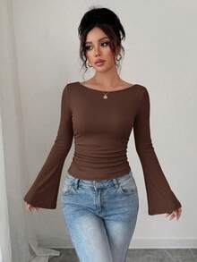 Women's Spring Fall Long Sleeve Shirts Crop Going Out Tops Casual Boat Neck Bell Sleeve Ribbed Ruched Y2K Clothes - Brown - View 3