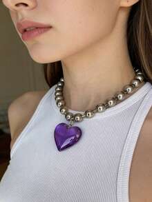 1pc Exaggerated Cute Beaded Heart Pendant Necklace, Fashion Party Accessories Valentines,Mom,Mother,Mother's Day,Gift - Hot Pink - View 7