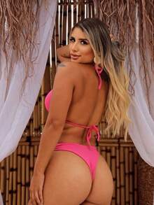 Ribbed Triangle Bikini Bottom, Double String Bikini Bottom, Semi-Thong - Hot Pink - View 2