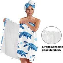 2件套现代蓝色海洋生物海龟图案浴袍和速干发帽套装，100%涤纶，超柔软吸水，成人家用浴袍，桑拿裙，浴袍，浴室必备配件，适用于浴室、桑拿SPA和沙龙，女士浴袍，日常装饰，家居装饰，浴室装饰 - 彩色 - 查看 6
