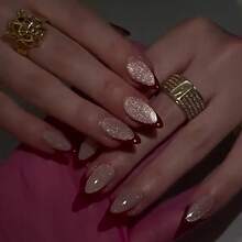 2026hot-Magnetic Eye Press On Nails - Red French Tip False Nails, Almond Shape Glitter Manicure Set, Classic & Glam Nails - JP3985 - 查看 2