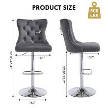 Velvet Bar Stools Set Of 2, Height Adjustable Breakfast Bar Stool, Counter Modern High Chair With Lion Knocker, Suitable For Bars Kitchens And Breakfast Counters, Grey - Dark Grey - View 9