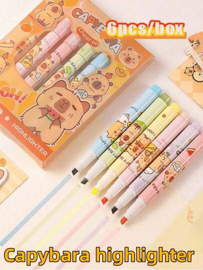 1pc/3pcs/6pcs/12pcs Colorful Fluorescent Capybara Pens, High-Quality Eye-Friendly Color Journaling Pens (6pcs/Box), Quick-Drying Fine-Tip Highlighter Pens, Outlining Pens, High-Aesthetic Creative Student Markers, Permanent Waterproof Tire Graffiti Pens Suitable For Fabric And Wood, Ideal For Art, Crafts, Stationery Gifts, Smooth Writing, Great For Sketching And Painting, Professional Art Painting Pens, Office Signing Supplies, Stationery Gifts For Family, Friends, Coworkers