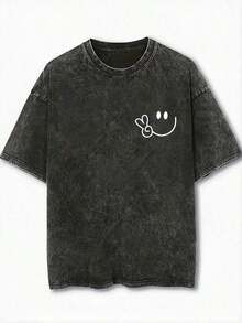 2026 LC Oversized Vintage Black Cotton Shirt With Face Print, Loose Fit,Vintage Washed Cotton Loose-Fit T-Shirt, Cute  Face And Heart Print, Women's Casual Street Style Short-Sleeve Top Fashionable Design Casual Daily WearT-Shirt, Retro-Shirt, Clothing Autumn And Winter,Male And Female Neutral Short Sleeves,Clothes Plus Size,Sweatshirt,Clothes Women,Tops,New Year's Clothing,Womens Tops,Spring,Summer Tops Women,Spring Clothes,Vacation Outfits Women,Valentines Gifts,Summer Outfits - 黑色 - 查看 3