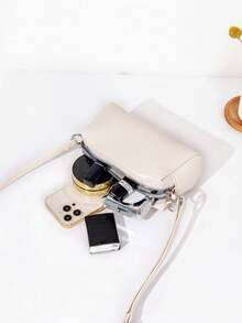 1pc Women's Solid Color Metallic Texture Oilcloth Leather Crossbody Bag, Dual Zipper One Shoulder Small Square Bag - White - View 7