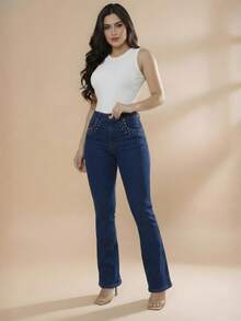 pthirillo Women's Dark Blue Flare Jeans With Butt-Lifting, High Waist, And Rhinestone Detail - Premium Rhinestone Jeans - Spike In the Pocket - View 8