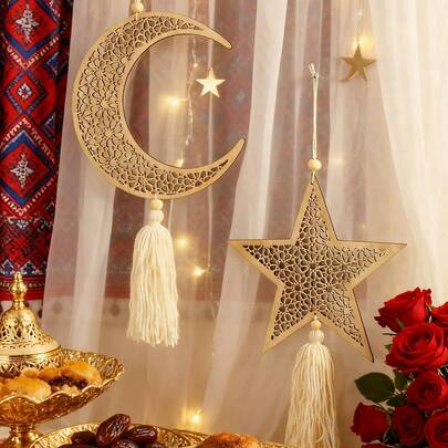 Decoración colgante de artesanía de madera con estrellas y lunas huecas con flecos, decoración minimalista para el hogar y la pared del dormitorio