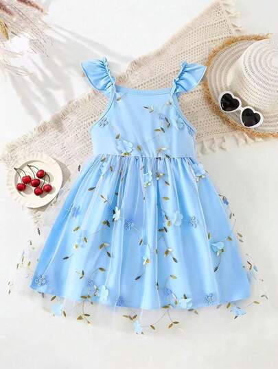 Girls Floral Mesh Applique Princess Dress, Regular Fit, Round Neck, Knee-Length, Suitable For All Seasons