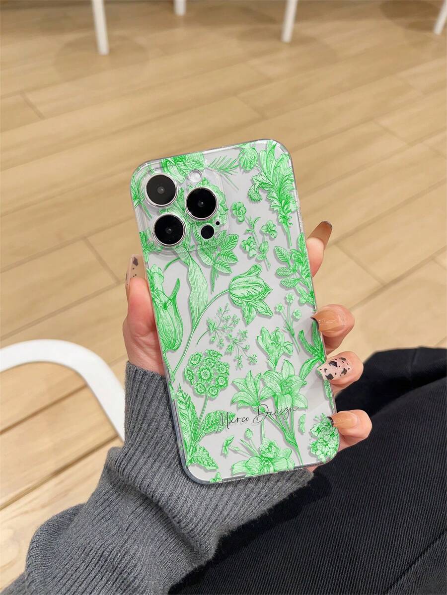 1 pieza Funda de teléfono TPU rosa transparente y gruesa con protección UV contra caídas, con diseño minimalista de planta verde y patrón floral, compatible con series /Galaxy, proporciona protección para la lente y se puede usar como cubierta protectora, regalo exquisito para familiares, amigos y colegas para Año Nuevo, Navidad, Halloween o San Valentín - Multicolor - Ver 1