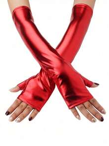 1 Pair Women's Sexy Fingerless Faux Leather Long Gloves, Suitable For Banquet, Punk Costume, Party, Prom - Red - View 5
