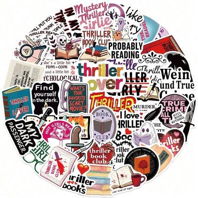 50pcs Thriller Book Cartoon Waterproof Stickers, Suitable For Laptops, Mobile Phone Cases, Suitcases, Water Bottles, Skateboards And Guitars, Helmets, Refrigerator Safes, Toy Stickers, Gift Decorations, DIY Graffiti Stickers Scrapbook Supplies Funny Stickers Scrapbooking Supplies Kindle