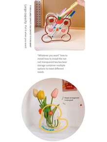 1pc Cartoon Student Desk Pen Holder, Cute Bear & Rabbit Multi-Function Acrylic Transparent Stationery Organizer - 1PC - View 7