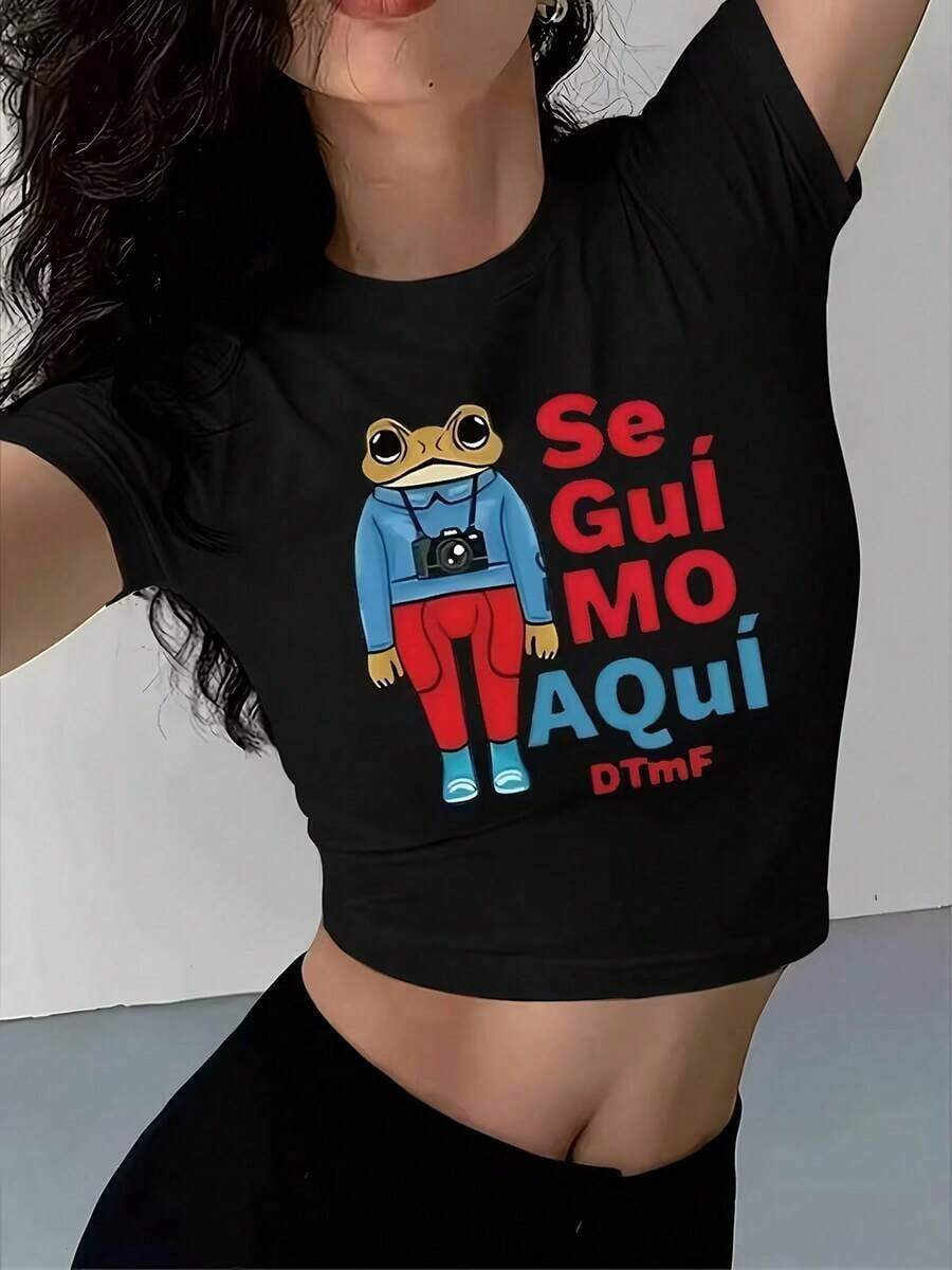Y2K-Style Women's Cropped Top. Stylish Cartoon Frog Pattern Black Short Sleeve T-Shirt - Black - View 1
