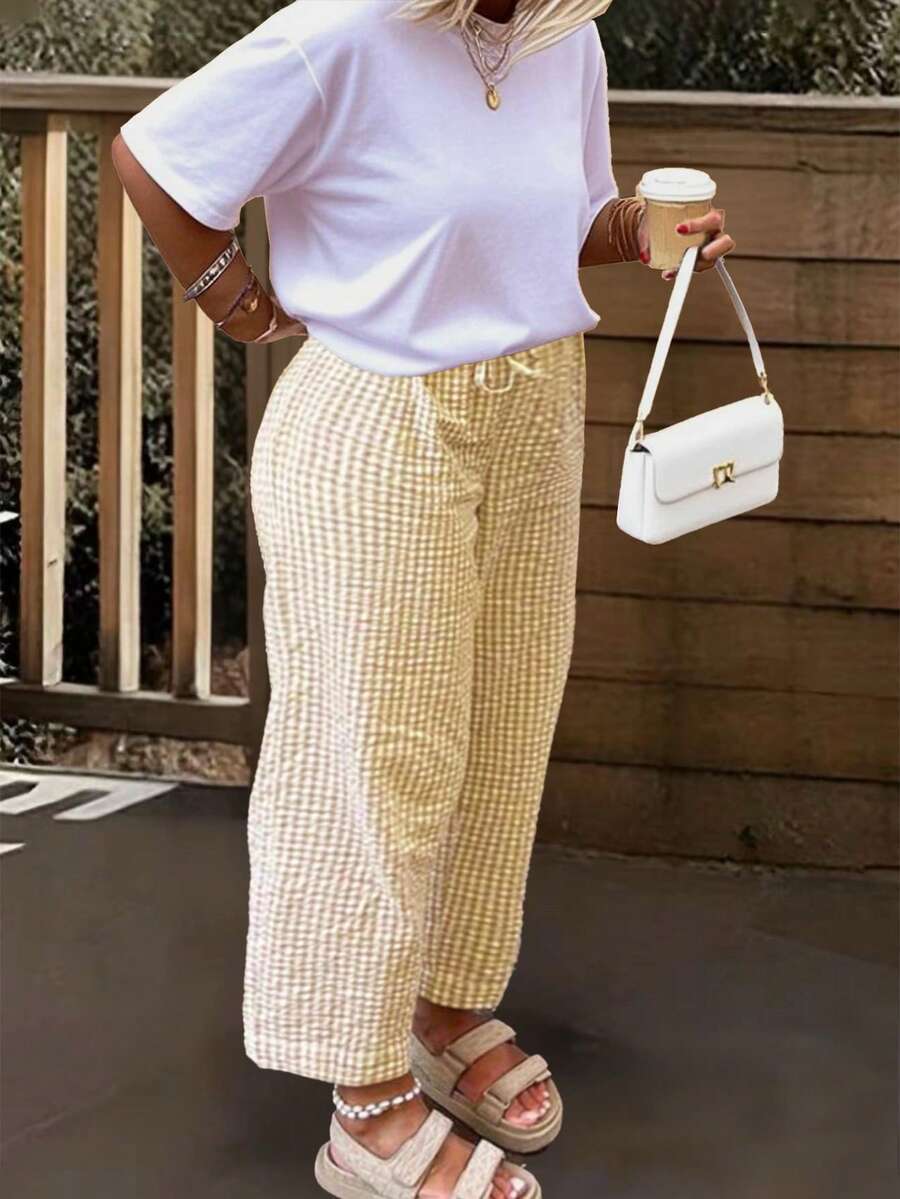 女士波西米亚风蝴蝶结腰带格纹阔腿裤 | 黄色混色印花 | 情人节、音乐节及日常休闲穿着必备单品，2026春夏款