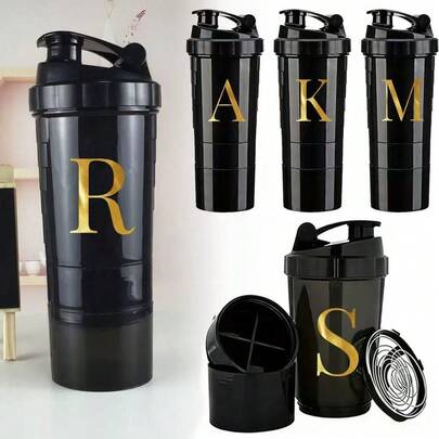 Botella mezcladora de proteínas a prueba de fugas de 16 onzas, botella de agua deportiva portátil desmontable para fitness y pérdida de peso, taza para polvo de proteínas con compartimento de almacenamiento de polvo de proteínas, esencial para el gimnasio y actividades al aire libre, patrón de 26 letras iniciales