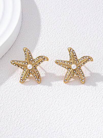 1 Pair Fashionable Luxury Rhinestone Starfish Earrings, Ocean Style Beach Resort Accessory, Suitable For Daily Wear, Vacation, Party, Date Jewelry