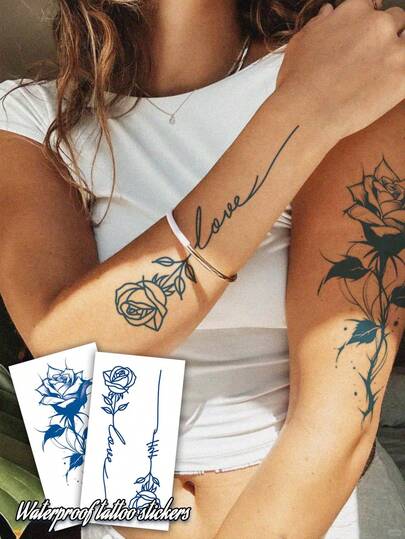 2pcs Herbal Juice Waterproof Temporary Tattoos, Sexy Minimalist Floral Line Art Tattoo Designs, Unisex Body Art Stickers For Arm, Chest, Abdomen And Back, Easy To Apply And Remove, Lasting 7-14 Days, DIY Gift