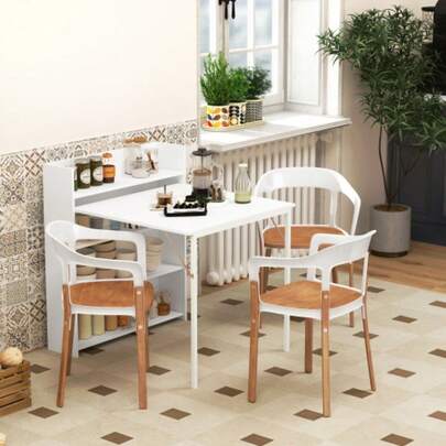 Folding Dining Table, Ideal For Small Spaces, With 4 Hidden Shelves, Folding Kitchen Table, Anti-Tip Function, White