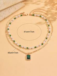 2pcs/Set Vintage High-End Faux Pearl Beaded Necklace, Fashion Versatile Green Crystal Pendant Choker Necklace For Women, Suitable For Daily Wear, Dates, Parties, Music Festivals - Multicolor - View 4