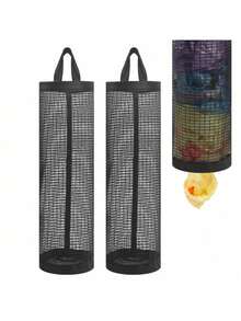 2-Pack Hanging Plastic Bag Holder Organizer - Mesh Design Grocery Bag Dispenser, Space-Saving Storage For Shopping Bags & Trash Bags In Home Kitchen - Black - View 12