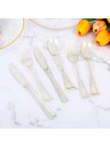 150pcs Gold Glitter Reusable Party Tableware Set - Includes 50 Forks, 25 Knives, 25 Spoons - Reusable Washable Cutlery Set For Party, Holiday Celebration, Dinner, Wedding, Kitchen, Valentine's Day - Multicolor - View 5