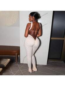 Street Fashion Casual Women's Clothing Autumn And Winter Fashion Sexy Spicy Girl Sleeveless Creative Strapless Tight Backless Pants Set - 杏色 - 查看 2