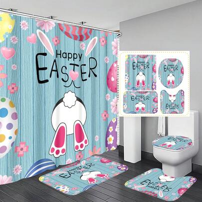 1pc/3pcs/4pcs Easter Bunny Foot Egg Colorful Polyester Waterproof Insulation Home Decoration Bathroom Shower Curtain With 12 Hooks Bathroom Non-Slip Mat U-Shaped Floor Mat And Round Toilet Seat Mat Bathroom Set All-Scenario Use