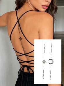 黑色条纹脊椎纹身贴纸，饰以简约星形元素、几何线条、日月星辰和莲花图案。临时纹身贴纸，适合DIY嘉年华、情人节、派对节日礼物，可贴于脊椎、胸部、腰部和腹部。防水纹身贴纸。 - 黑色 - 查看 19