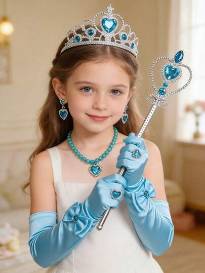 8件套公主服装套装，包括皇冠、魔法棒、手套、项链、耳环、戒指，适合女孩生日派对、青少年角色扮演配饰