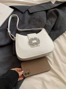 Mini Shoulder Bag With Rhinestone Decor Underarm Bag, Multifunctional And Fashionable Rhinestone Sparkling Saddle Underarm Bag PU Texture Bag Wallet Fashion Multifunctional Long Bag - White - View 3