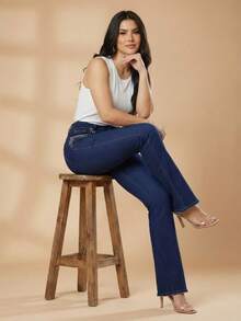 pthirillo Women's Dark Blue Flare Jeans With Butt-Lifting, High Waist, And Rhinestone Detail - Premium Rhinestone Jeans - Rhinestones Around the Pocket - View 6
