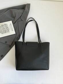 1pc Women's Fashionable Commuter Solid Color Shoulder Bag, Portable Versatile Large Capacity Tote Bag, Suitable For Dates, Shopping, Gifts, Work - Black - View 7