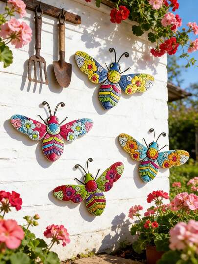 4件套彩色亚克力蜜蜂墙饰，适用于围栏、庭院、农场，经久耐用的亚克力蜜蜂和花卉装饰，蜜蜂装饰，花园装饰，围栏装饰，庭院装饰，花卉设计，装饰蜜蜂，手工制作外观，户外墙面艺术，园艺爱好者，户外装饰爱好者，户外装饰，乡村风格，花园派对装饰