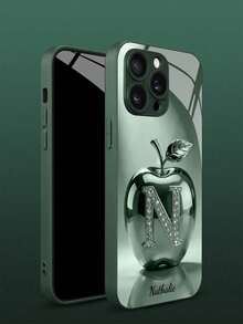 1pc Customizable 26 Letters & Name Design With Fashionable Green Metal Apple Pattern Tempered Glass Material Phone Case Compatible With Iphone17 ProMax/17Air/16 ProMax/15 Pro/14 Plus/13 Pro/12 Pro Max/11/Xs Max/8/7/6 Plus, S24 Ultra/S25 Ultra/A12, High-End Business Custom, Best Gift For Boyfriend, Girlfriend And Family,International Version, Not The Domestic Version - Green - View 6