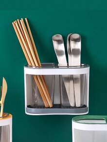 1pc Household Chopstick Holder, Dual Compartment Drainable Chopstick Box, Kitchen Luxury Wall-Mounted Cutlery Storage - Multicolor - View 5