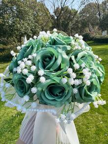 1件新娘婚礼捧花,白色新娘捧花,人造婚礼捧花,伴娘捧花(带丝带),情人节装饰珍珠蕾丝网玫瑰捧花,星光玫瑰捧花 - 彩色 - 查看 15