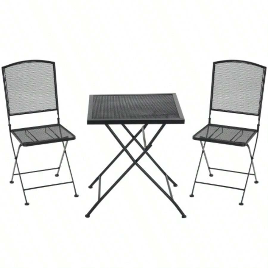 Garden Bistro Set For 3 People Including 1 Table And 2 Folding Chairs, Metallic Grey Colour, Ideal For Terrace And Balcony.