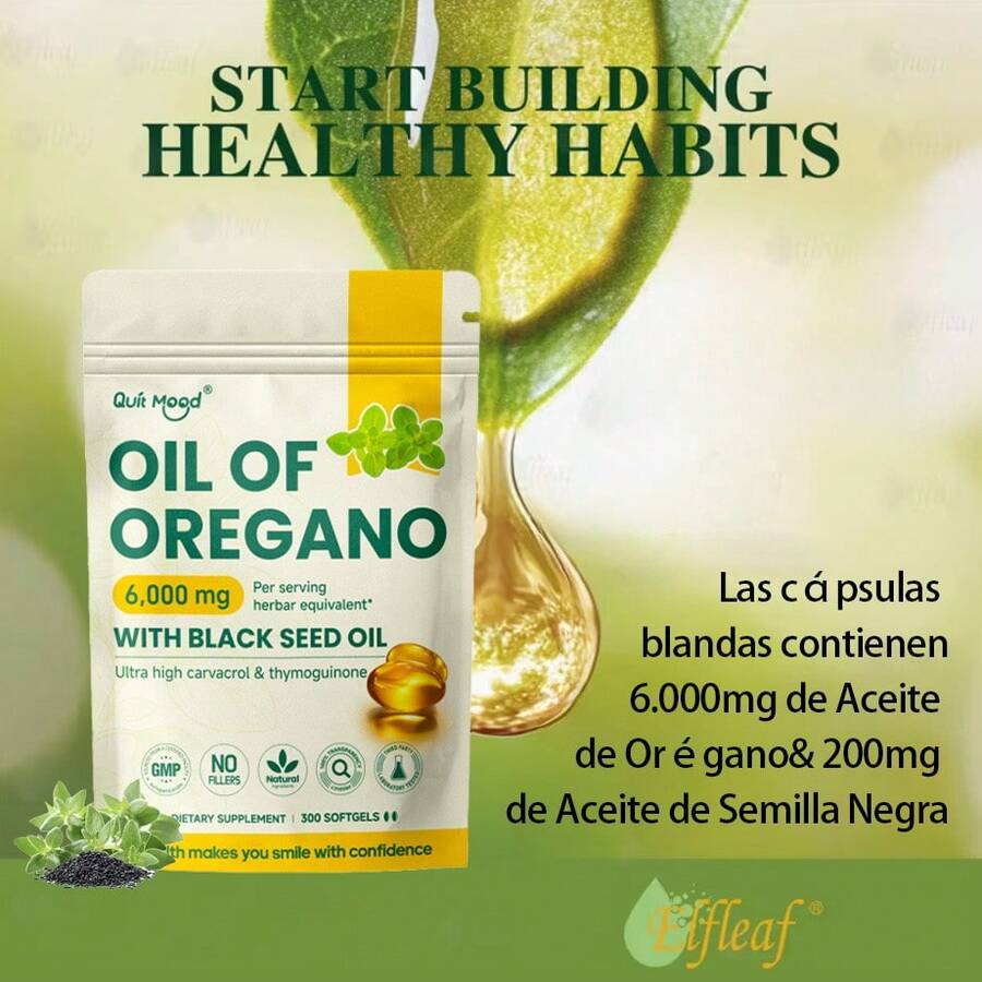 Quit mood Aceite de Orégano 2 en 1 + Semilla Negra 6000mg | 300 Cápsulas Extra Fuerte Alto en Carvacrol | Refuerzo Inmunológico Salud Natural | Cápsulas Blandas Fáciles de Absorber - 300 cápsulas - Ver 1