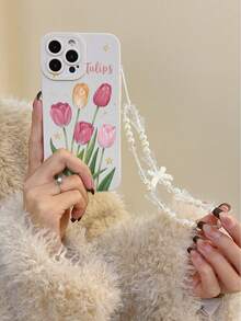 1个带装饰串珠手链的直边穿孔郁金香图案厚实防摔彩绘手机壳，兼容、Galaxy国际版，非国内版 - 彩色 - 查看 3