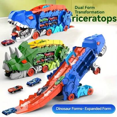 Dinosaurier Transporter LKW mit Rennstrecke, 2-in-1 verwandelbarer Dinosaurier Auto Transporter Spielzeug mit Stauraum, perfektes Weihnachts-, Geburtstags- oder Neujahrgeschenk für Jungen & Mädchen