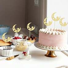 12个开斋节月亮星星纸杯蛋糕装饰插牌，金色闪光，斋月吉祥，开斋节快乐，伊斯兰穆斯林主题派对蛋糕装饰用品 - 金色 - 查看 4