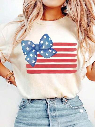 American Flag Coquette Shirt 4Th July Soft Girl Patriotic Aesthetic Tee Bow Stars & Stripes Independence Day Gifts Fireworks Celebration USA