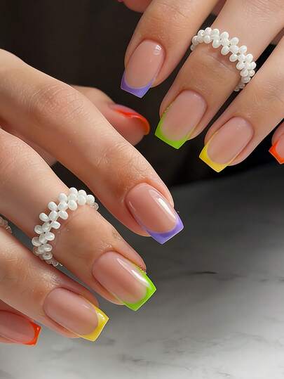 24pcs Medium Square Nail Stickers, Fresh Peach Pink & Grass Green French Design, Cream White Base, Fashionable Light Purple & Lemon Yellow Orange Accent French Pattern, Full Coverage Fake Nails Stickers, Suitable For Women & Girls, Includes 1 Glue Sticker & 1 Mini Glue Tape, Random Delivery